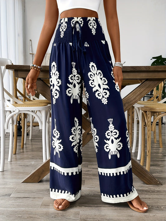 Viena Vintage Floral Print Pleated Waist Wide Leg Pants