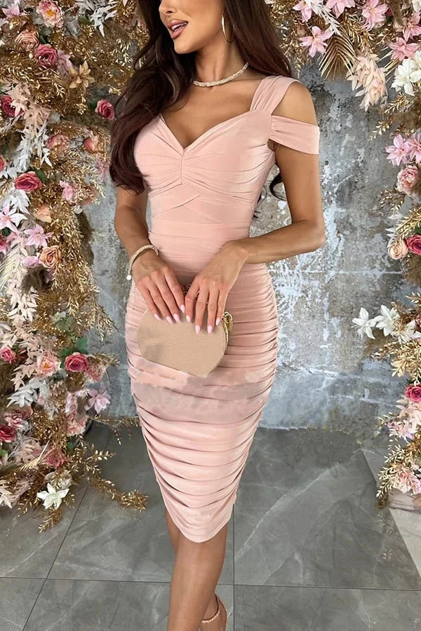 Alliana Cold Shoulder Ruched Pencil Midi Dress