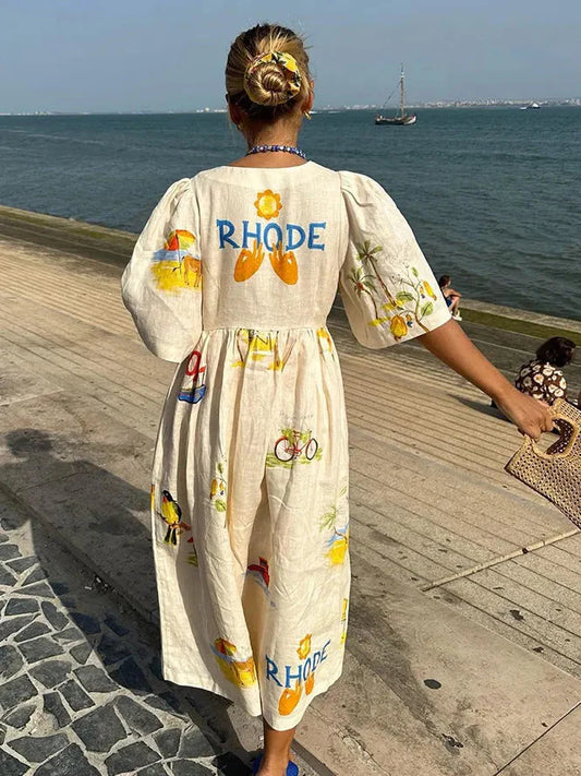 Kirssy Printed Linen Midi Dress