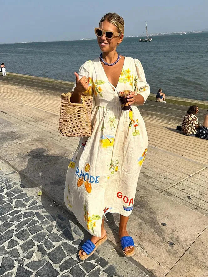 Kirssy Printed Linen Midi Dress